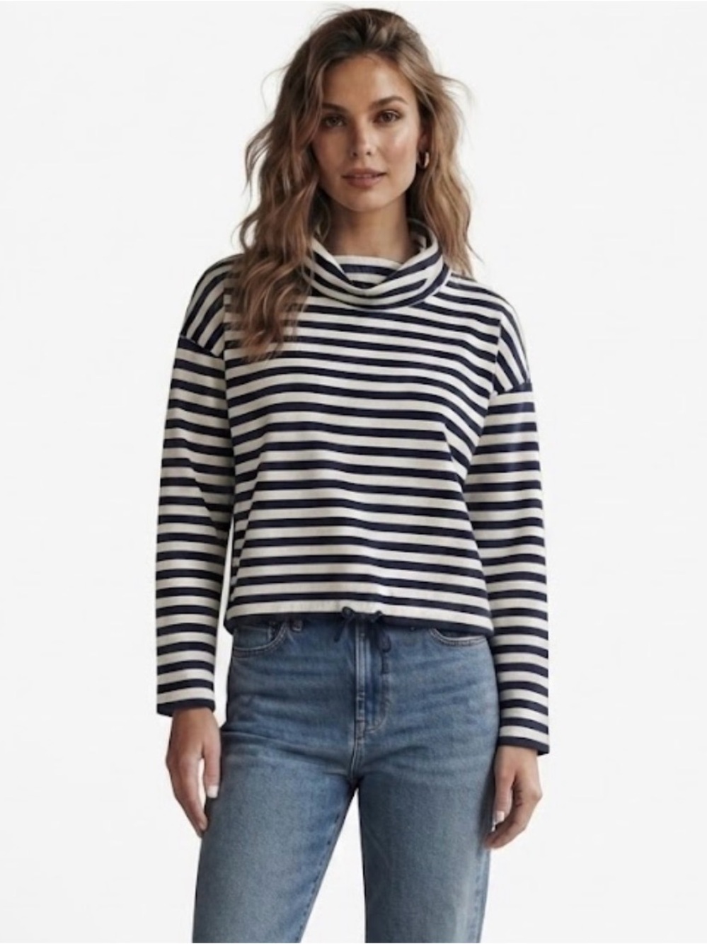 Kim Rogers Navy & White Striped IMock-Neck Long Sleeve Tee